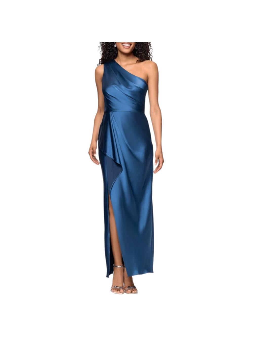 XSCAPE One Shoulder Satin Draped Slit Evening Gown Ocean Blue Size 4